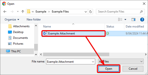 A screenshot demonstrating how to select a file from the operating system and then click &quot;open&quot; on the pop-out window. The screenshot is annotated in red. A red box surrounds the item that should be selected, then a red arrow directs the user that they must click the &quot;Open&quot; button afterwards.